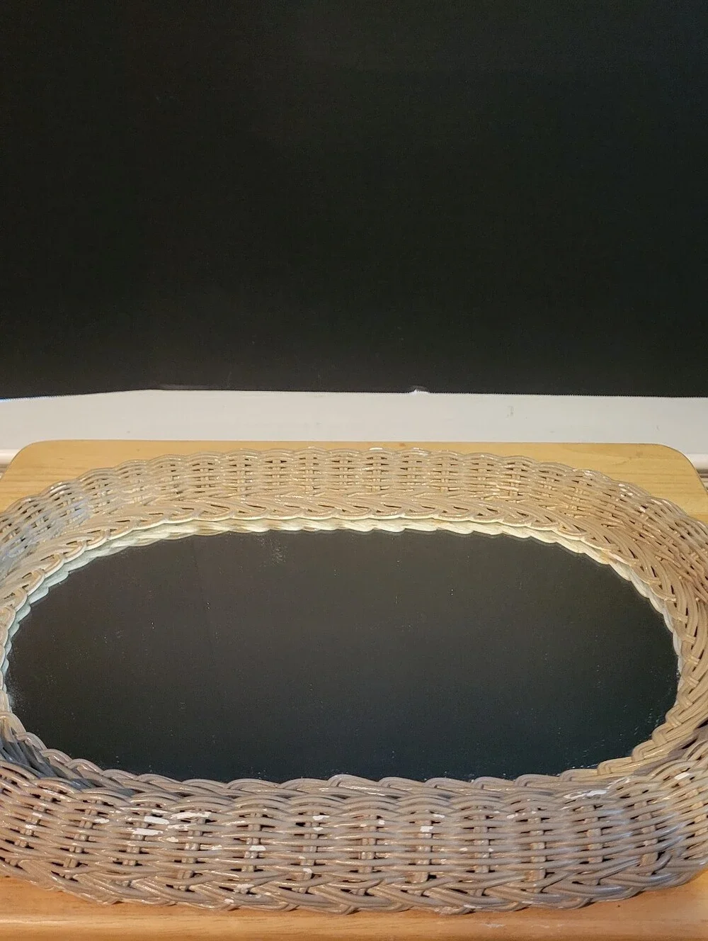 Vtg Taupe Wicker Oval Mirror Cottage Shabby Chic Vanity Lake House 18”x12”